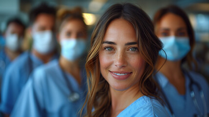 Group of confident female doctors inside the hospital wearing scrubs