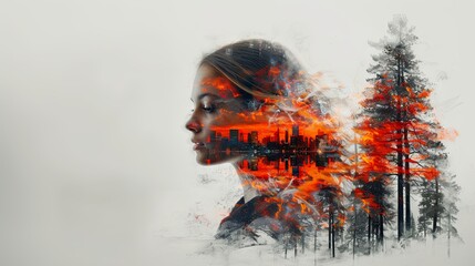 Double exposure of young woman face and city on background. Mixed media