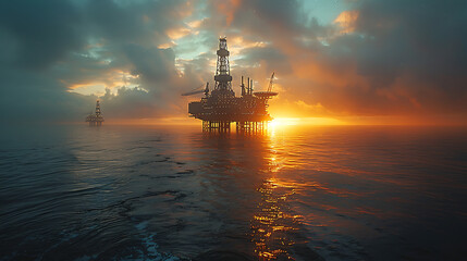 view of an oil platform in the middle of the ocean, brilliant sunlight