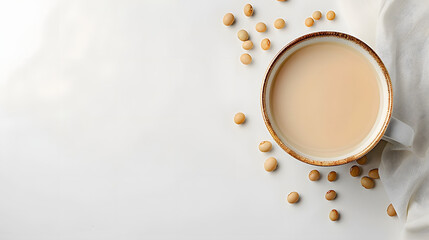 Cup of soybean milk on white background with copy space. Flat lay composition for design and print. Vegan beverage and healthy eating concept