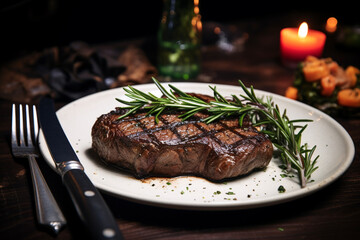 Steak, fork and knife, rosemary and garlic. Food and meal, meat, pork, beef, steakhouse and butchery shop