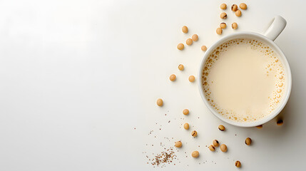 Cup of soybean milk on white background with copy space. Flat lay composition for design and print. Vegan beverage and healthy eating concept - obrazy, fototapety, plakaty