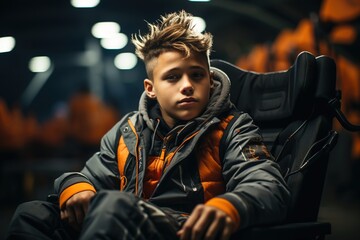 Obraz premium With a smile that lights up the stadium, a boy in a wheelchair enjoys the thrill of a football game, embracing the excitement of the moment