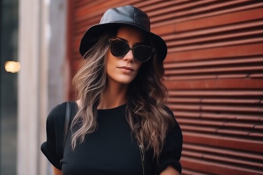 Portrait of a beautiful young woman in hat and sunglasses outdoor.