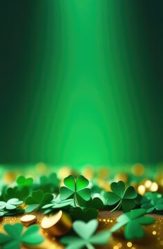 St. Patrick's Day clover confetti with green bokeh