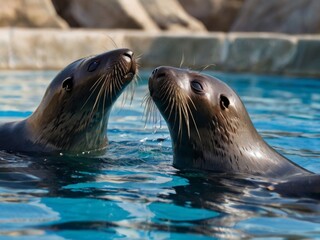 Fototapeta premium fur seals play in the pool at the zoo
