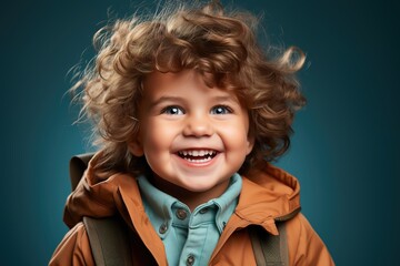 In an adorable representation of the first school day, a cheerful little bot sports a backpack and a radiant smile against a blue isolated background, embodying the joy of learning