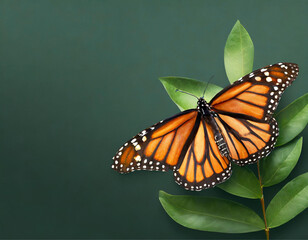 Uma borboleta monarca empoleirada em uma folha com fundo verde escuro. Espaço para texto.