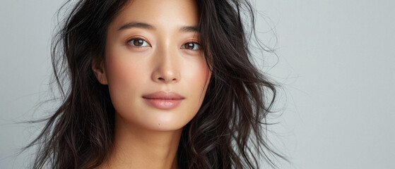 Beautiful confident Asian woman of middle age posing for portrait. Pretty mature adult lady model from Asia looking at camera smiling on background advertising products and services. Close up face .