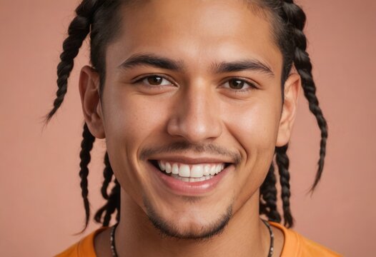 A joyful man with dreadlocks and a bright orange shirt, his radiant smile and casual posture exude happiness.
