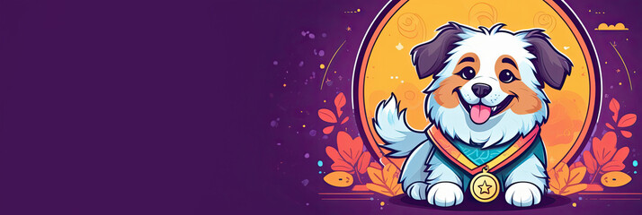Banner, illustration funny dog portrait on violet background. Generative AI