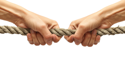 Two people's hands are holding a rope in a tug of war on a transparent background.