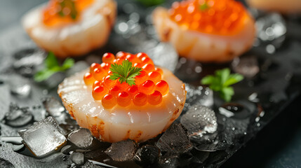 Raw fresh scallops with red caviar and ice on black background, generative ai