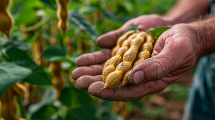 Naklejka na ściany i meble Close-up of a handful of soybean seeds in the hands of a farmer.