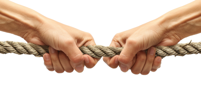 Two people's hands are holding a rope in a tug of war on a transparent background.