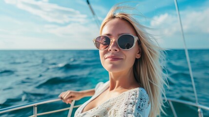 Attractive blond female skipper navigating the fancy catamaran sailboat on sunny summer day on calm blue sea water. Luxury summer adventure, active nautical vacation. 