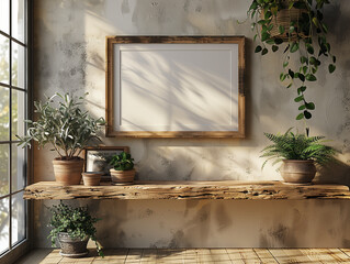 Mockup with a wooden shelf and picture frame on a wall
