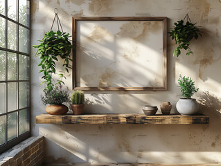 Mockup with a wooden shelf and picture frame on a wall