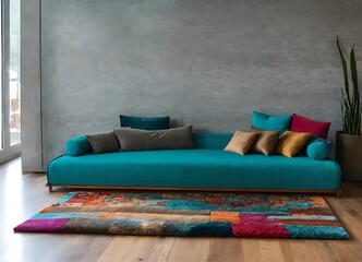 modern lounge with multi colour rug, teal cushions and wooden floor. 