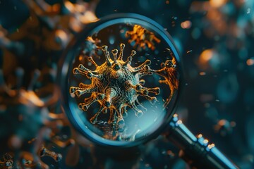 Magnifying glass looking at viruses on a blue 3D background. Concept of searching for viruses, cures and prevention. Science Concept Rendering - obrazy, fototapety, plakaty