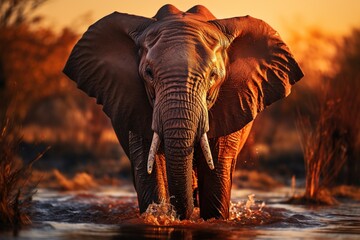 In a scene of tranquil beauty, an elephant moves gracefully through its natural habitat, silhouetted against the vibrant colors of the sunset