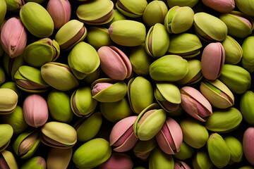 Green and pink pistachio nuts background.