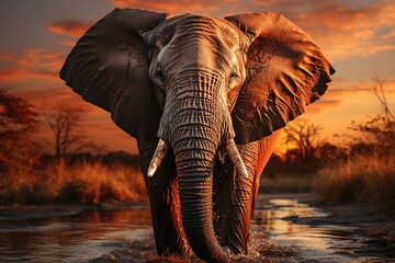 At the end of the day, an elephant enjoys the freedom of its natural habitat, surrounded by the golden glow of the setting sun