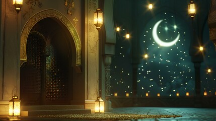 Obraz premium Ramadan Kareem greeting card with mosque and lanterns at night