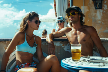 Couple sitting in a cafe by the sea on sunny day.