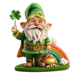 St. Patrik Gnome with clover and rainbow, 3d Leprechaun isolated on a transparent background, png