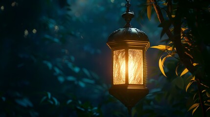 Lantern in the garden at night. Selective focus.