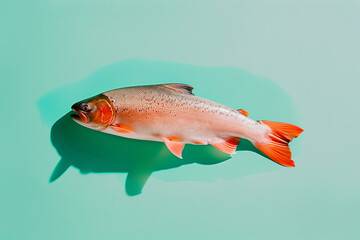 Obraz premium Orange fish on turquoise background. Top view.Flat lay.Minimal concept.