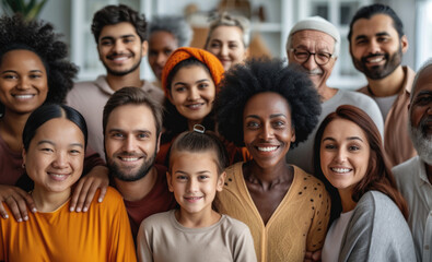 Portrait diverse group of people with smiles, Large group and multi-generation people, ethnicities, ages, social diversity, community outreach and teamwork, friendship, social responsibility