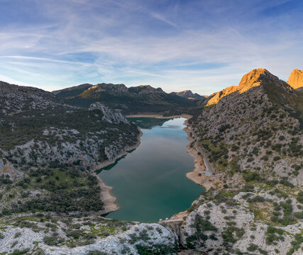 aerial view of the picturesque Gorg Blau mountain lake and reservoir in the Serra de Tramuntana mountains of northern Mallorca