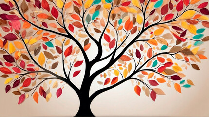 Elegant Tree with Colorful Leaves Hanging Branches in Vibrant Illustration