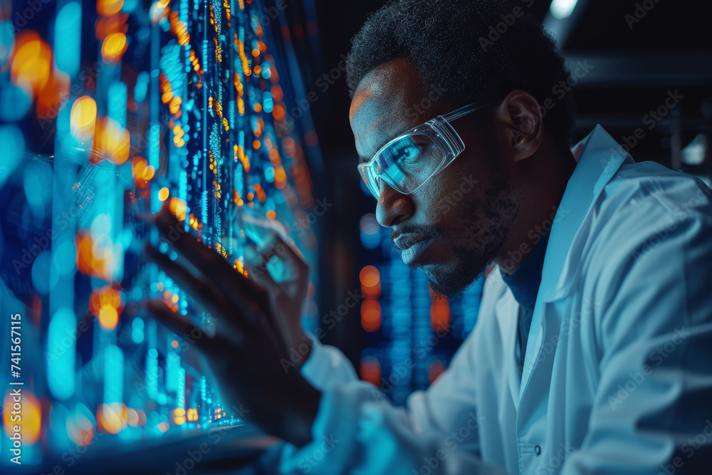 Poster a focused researcher analyzing data on a computer, working on a breakthrough project in a laboratory