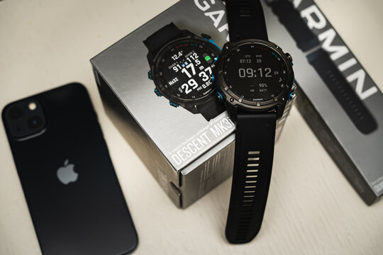 Estonia, Tallinn February 21, 2024.  New smartwatch for diver garmin mk3i and iPhone 13.