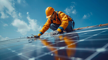 Engineer Installing Solar Panels. A skilled technician in safety gear meticulously installs solar panels on a roof against a blue sky, symbolizing renewable energy advancement.