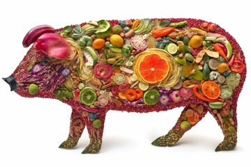 Obraz premium A pig made from vegetables. Vegetables create the outlines and details of the pig's body. Concept of healthy eating, vegetarianism, or as a creative way of presenting food.
