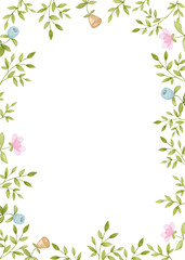 Vertical rectangular flower frame. Hand drawn watercolor illustration. Easter, spring, children's party, birthday, baby shower. Design for greeting cards, invitations, posters.
