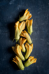 Composition of zucchini flower on blue background.