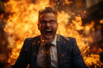 Struggling with burnout, a middle-aged businessman screams in frustration against the backdrop of flames, representing the emotional and physical toll of prolonged work pressure and exhaustion