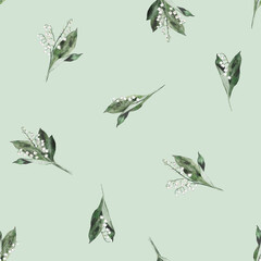 Floral pattern spring lily of the valley. Watercolor seamless background flowers. Cute Print for textile design or wallpaper. Hand drawn illustration with flowers, buds, leaves and stems.