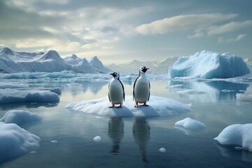 penguins stand on melting ice in Arctic Ocean at daytime, global warming concept, world global planet climate change. Two cute emperor penguins confused by ice melting.