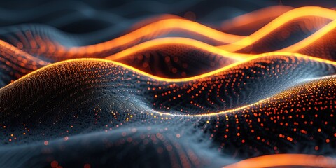 Fototapeta premium Close up of amber sound waves on black background. The modern concept of big data visualization. Generative AI