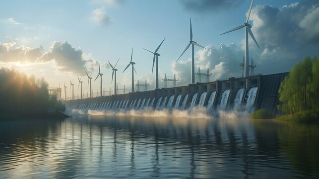 Electricity from dams, and wind turbines. Environmentally-friendly renewable energy concept. clean energy.