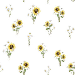 Watercolor seamless pattern with bouquet of daisy and sunflower flowers. Watercolor hand drawing illustration on isolated white background. White and yellow summer botanical floral plants.