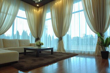 Cozy living room home interior design. Modern light house or apartment room with comfortable sofa, luxury stylish trendy couch and livingroom decor background. Living room furniture store concept .