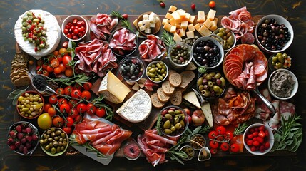 Appetizers table with different antipasti, charcuterie, snacks, cheese. Finger food for buffet party. Traditional french or italian entires. Top view - Powered by Adobe