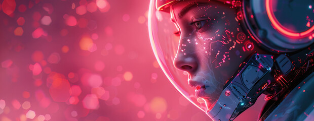 Robot woman in a space suit ,looking forward Close up portrait, pink background galaxy space, technology future, Background cover ultrawide 21:9 banner Robot concept copy space